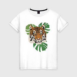 Футболка хлопковая женская Тигр в джунглях, цвет: белый