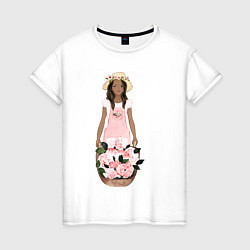 Футболка хлопковая женская Девушка с корзиной тюльпанов, цвет: белый
