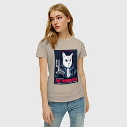 Футболка хлопковая женская Кот Терминатор пародия, цвет: миндальный — фото 2