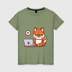 Футболка хлопковая женская Cute fox and laptop, цвет: авокадо