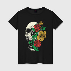 Футболка хлопковая женская Floral Roses Skull, цвет: черный