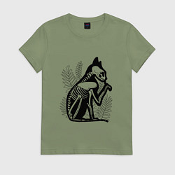 Футболка хлопковая женская Кот Скелет Cat Skeleton, цвет: авокадо
