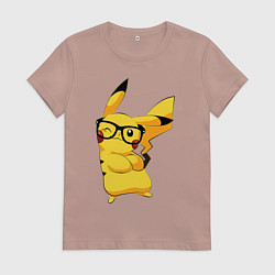 Футболка хлопковая женская Веселый Пикачу в очках, цвет: пыльно-розовый