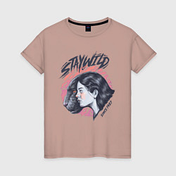 Футболка хлопковая женская Девушка - пантера StayWild, цвет: пыльно-розовый