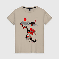 Футболка хлопковая женская Рисунок Сакура, цвет: миндальный