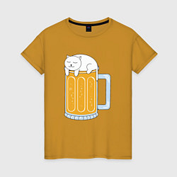 Футболка хлопковая женская Beer Cat, цвет: горчичный