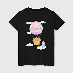 Футболка хлопковая женская Кролик и воздушный шар, цвет: черный