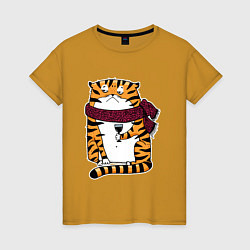Футболка хлопковая женская Недовольный тигр с бокалом вина, цвет: горчичный