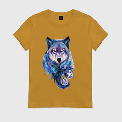 Футболка хлопковая женская Волк акварель, цвет: горчичный