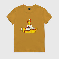 Футболка хлопковая женская The Beatles Yellow Submarine в дудл стиле, цвет: горчичный