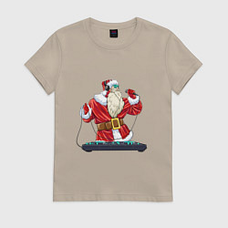 Футболка хлопковая женская Санта музыкант, цвет: миндальный