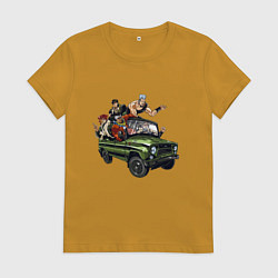 Футболка хлопковая женская Персонажи жожо едут на уазике джо джо, цвет: горчичный