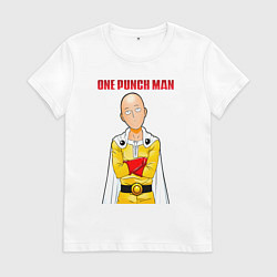 Футболка хлопковая женская Сайтама безразличие One Punch-Man, цвет: белый