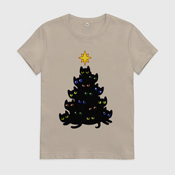 Футболка хлопковая женская НовоКОТняя елка, цвет: миндальный