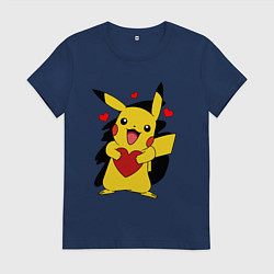 Футболка хлопковая женская ПИКАЧУ И СЕРДЕЧКО POKENON PIKACHU LOVE, цвет: тёмно-синий