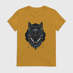 Футболка хлопковая женская ЭТНИЧЕСКАЯ ЛИСА, АБСТРАКЦИЯ, цвет: горчичный