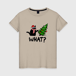 Футболка хлопковая женская WHAT? КОТ РОНЯЕТ ЁЛКУ, цвет: миндальный
