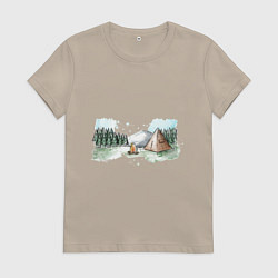 Футболка хлопковая женская Поход в горы, цвет: миндальный