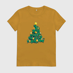 Футболка хлопковая женская Christmas Tree Made Of Green Cats, цвет: горчичный