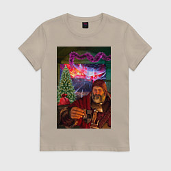 Футболка хлопковая женская Новогодний ведьмак Барон, цвет: миндальный