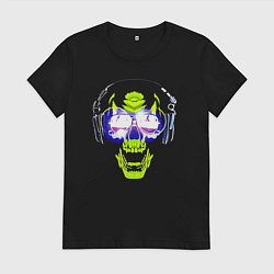Футболка хлопковая женская Neon skull - music lover, цвет: черный