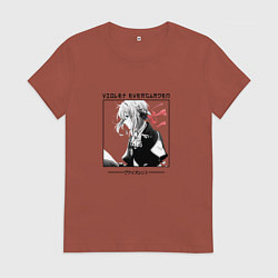 Футболка хлопковая женская Вайолет Эвергарден в квадрате с иероглифами, цвет: кирпичный
