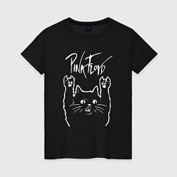 Футболка хлопковая женская Pink Floyd Пинк флойд Рок кот, цвет: черный