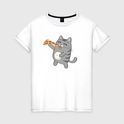 Футболка хлопковая женская Кот с кусочком пиццы, цвет: белый
