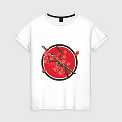 Футболка хлопковая женская Японский меч, катана и ветви с красными цветами, цвет: белый