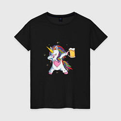 Футболка хлопковая женская Единорог с пивасом, цвет: черный