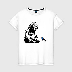 Футболка хлопковая женская BANKSY girl with blue bird БЭНКСИ девочка с синей, цвет: белый