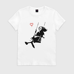 Футболка хлопковая женская Banksy - Бэнкси девочка на качелях, цвет: белый