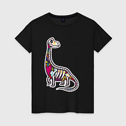 Футболка хлопковая женская Разноцветный скелет динозавра, цвет: черный