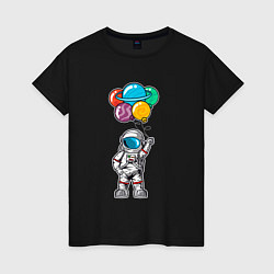 Футболка хлопковая женская Космонавт с шариками, цвет: черный
