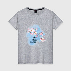 Футболка хлопковая женская Японский иероглиф весна сакура, цвет: меланж