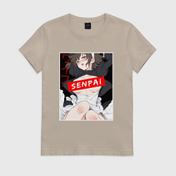 Футболка хлопковая женская Девушка и надпись Senpai Ahegao, цвет: миндальный