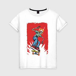 Футболка хлопковая женская Fire skull Skateboarding man on a red background E, цвет: белый