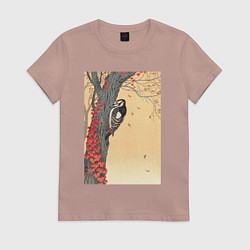 Женская футболка Great Spotted Woodpecker in Tree with Red Ivy
