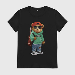 Футболка хлопковая женская Прикольный мишутка гитарист Cool teddy bear guitar, цвет: черный