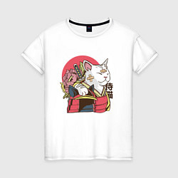 Футболка хлопковая женская Котик Самурай Samurai Cat Japanese art, цвет: белый