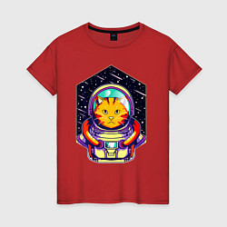 Футболка хлопковая женская Рыжий кот космонавт, цвет: красный
