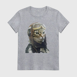 Футболка хлопковая женская Кот - пилот The pilot Cat, цвет: меланж