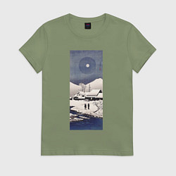 Футболка хлопковая женская Snow at Nipponmatsu Зимняя деревня, цвет: авокадо