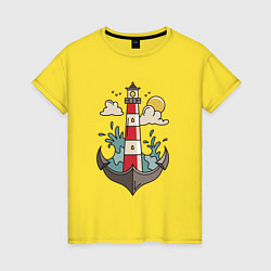 Футболка хлопковая женская Маяк Якорь Lighthouse Anchor, цвет: желтый