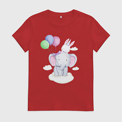 Футболка хлопковая женская Милый Слонёнок и Крольчонок На Облаке, цвет: красный