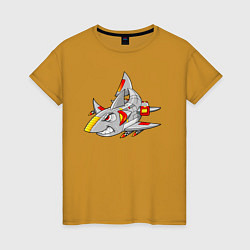 Футболка хлопковая женская Акула кибер - самолет, цвет: горчичный