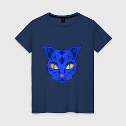 Футболка хлопковая женская Иллюстрация неоновой кошки, цвет: тёмно-синий