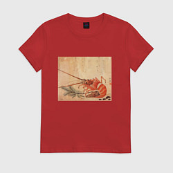 Футболка хлопковая женская Японская графика Креветка, цвет: красный