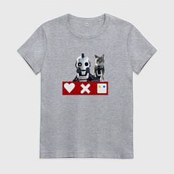Футболка хлопковая женская Love death and robots белый робот с котом, цвет: меланж