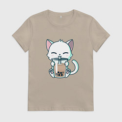Футболка хлопковая женская Котик с бабл ти, цвет: миндальный